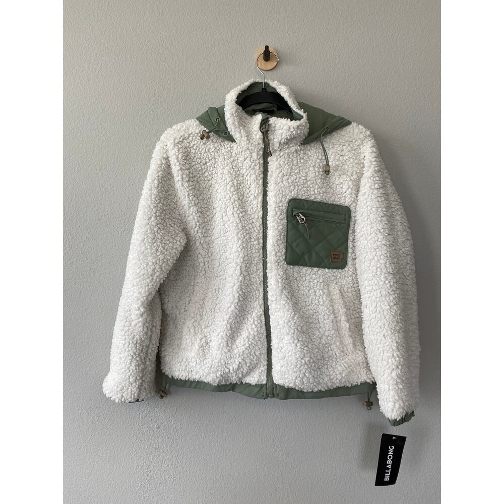 Billabong NWT Sea Spray Sherpa Fleece Hooded Zip Jacket Cream Green S Gorpcore